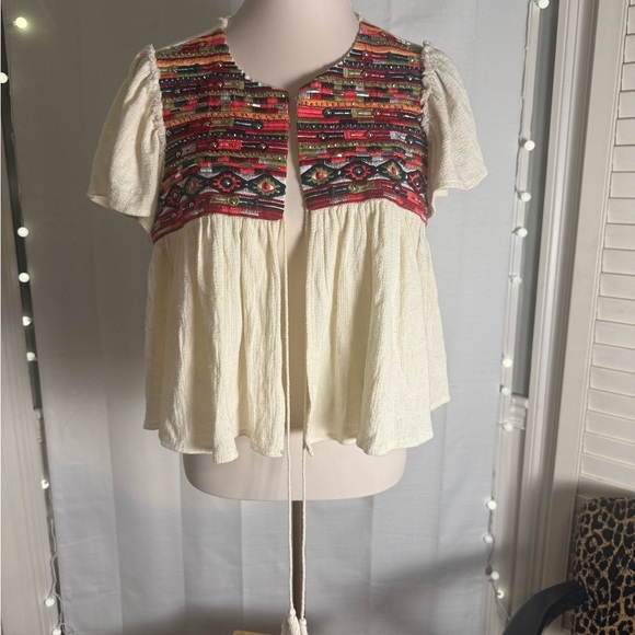 Bohemian Linen Cream Blouse with Colorful Embroidery XL - Picture 2 of 7